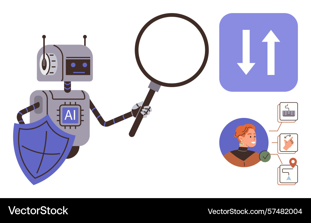 Ai Roboter Analyse von Daten mit Schild und Vergrößerung Ai Roboter Analyse von Daten mit Schild und Vergrößerung vektorbild