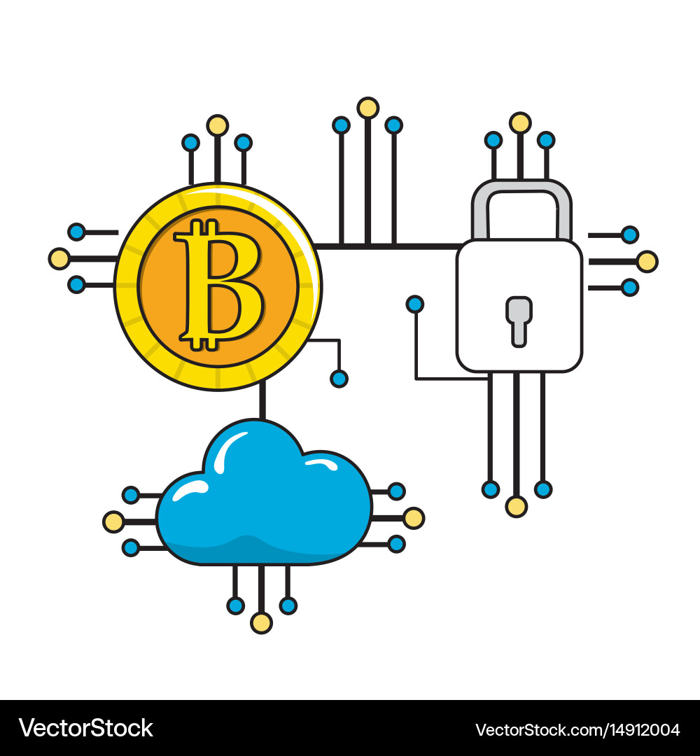 Bitcoin padlock and cloud data with circuits vector image