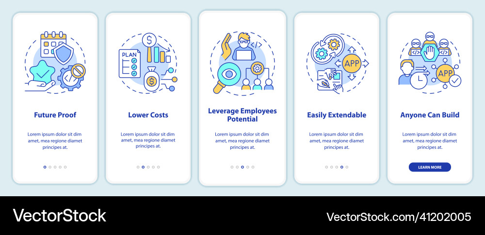 Benefits of no code onboarding mobile app screen Vector Image