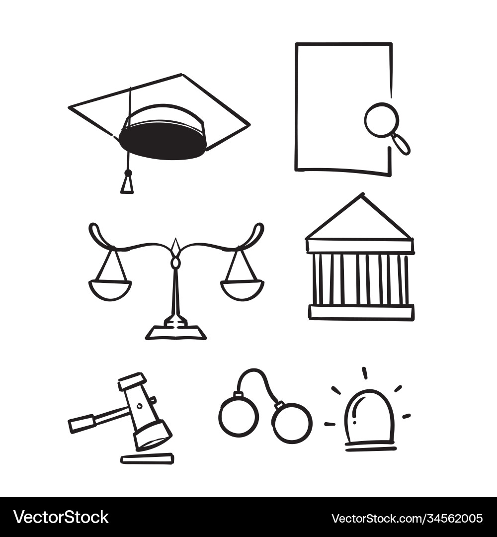 Hand drawn law and justice line icons set doodle Hand drawn law and justice line icons set doodle vector image