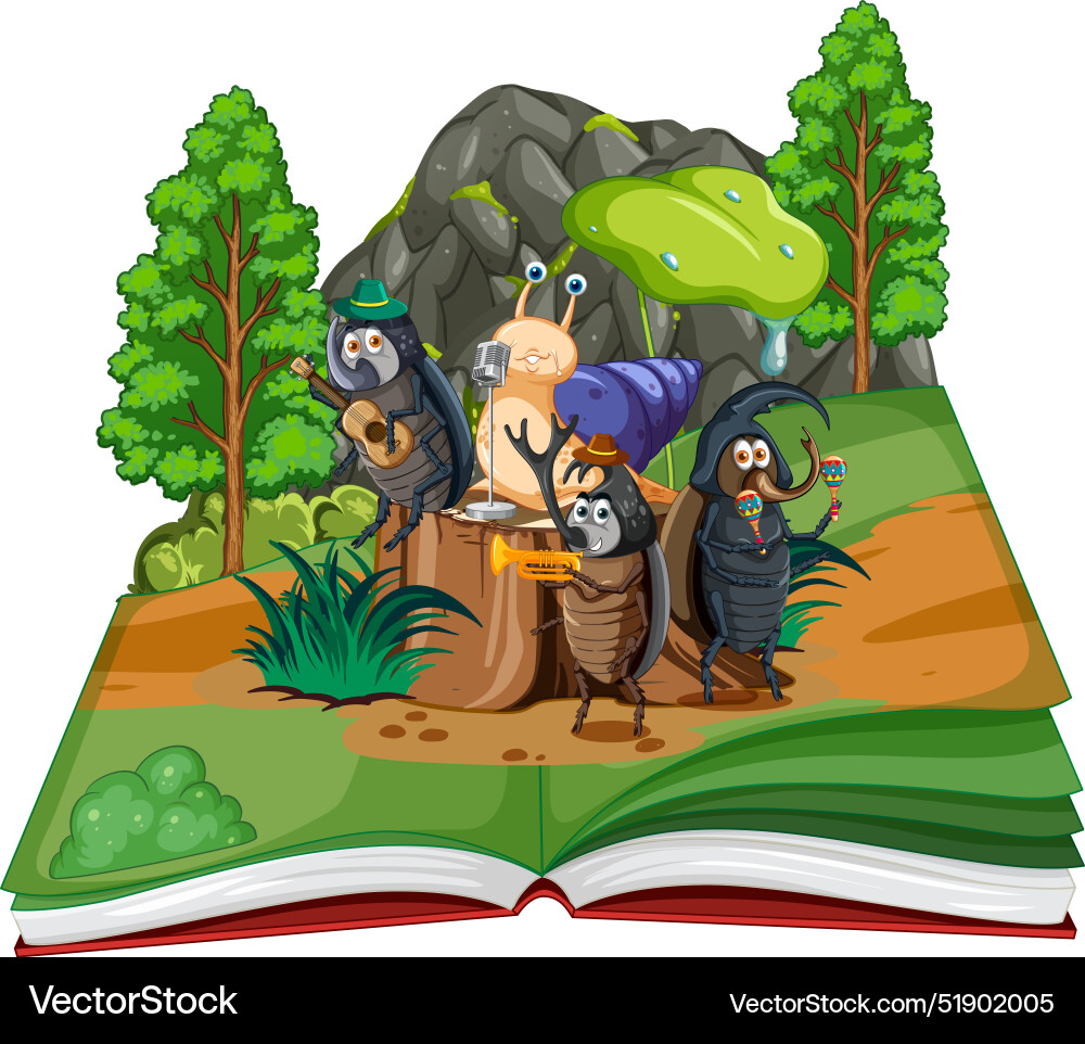 Insects playing instruments on an open book Insects playing instruments on an open book vector image