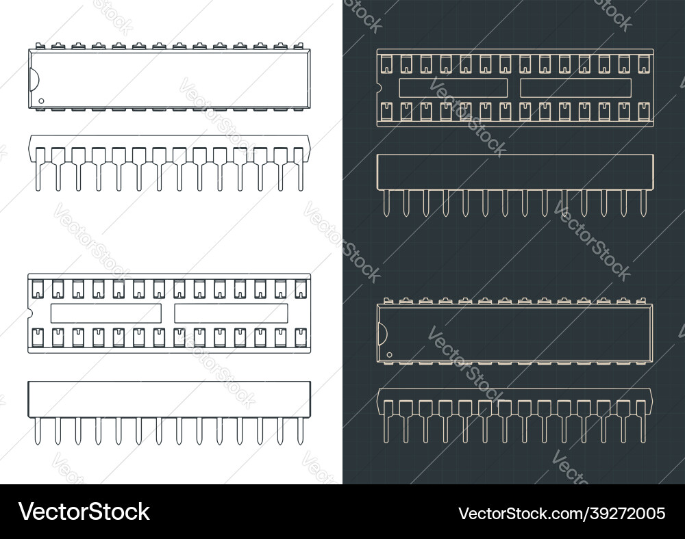 Microcontroller and dip socket blueprints Microcontroller and dip socket blueprints vector image