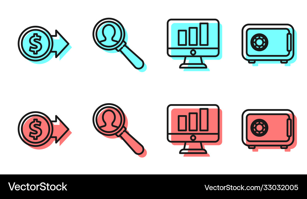 Set line monitor with graph chart coin money Set line monitor with graph chart coin money vector image