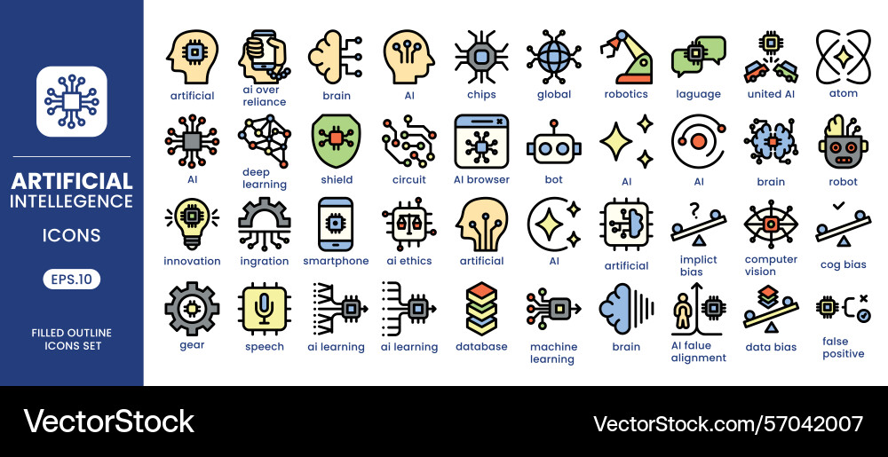 Artificial intelligence filled outline icons set Artificial intelligence filled outline icons set vector image
