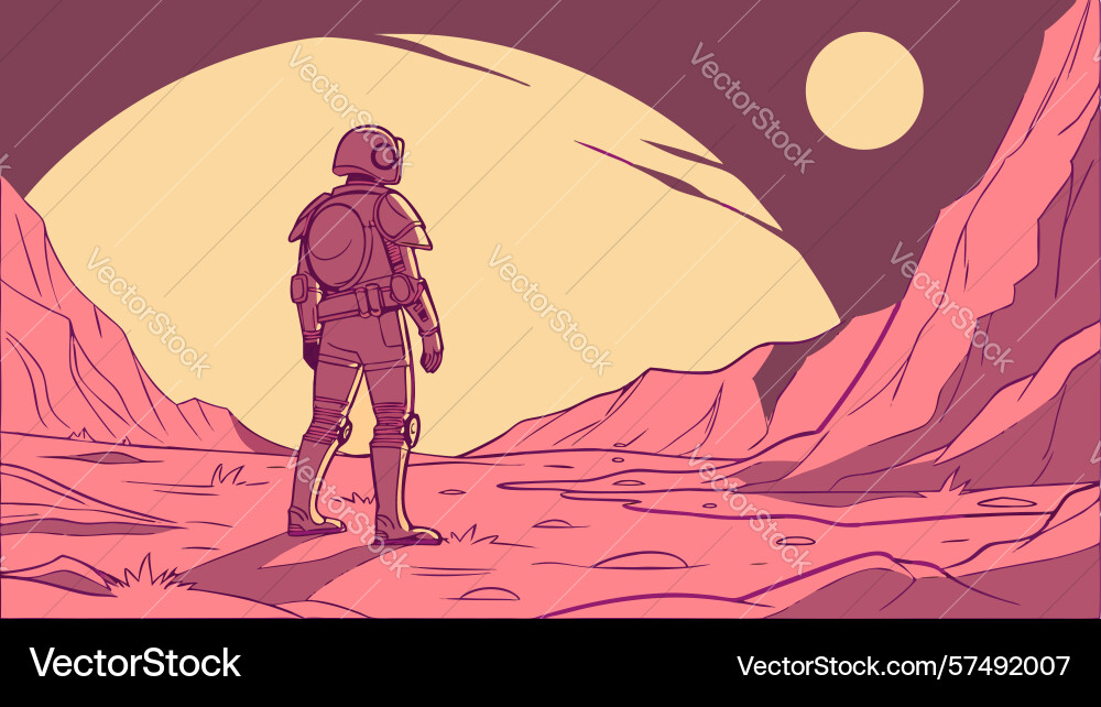 Astronaut on alien red planet mars exploration vector image