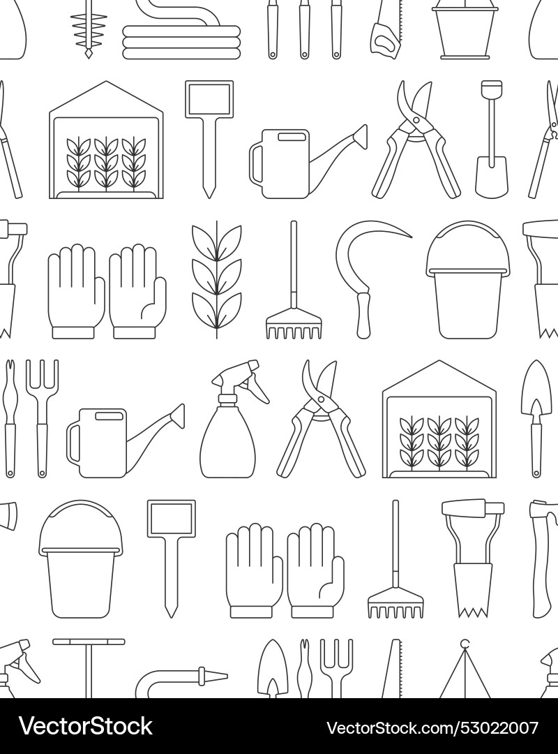 Garden tools seamless pattern with line objects Garden tools seamless pattern with line objects vector image