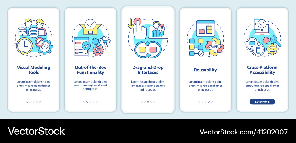 Low code platforms features onboarding mobile app Low code platforms features onboarding mobile app Vector Image