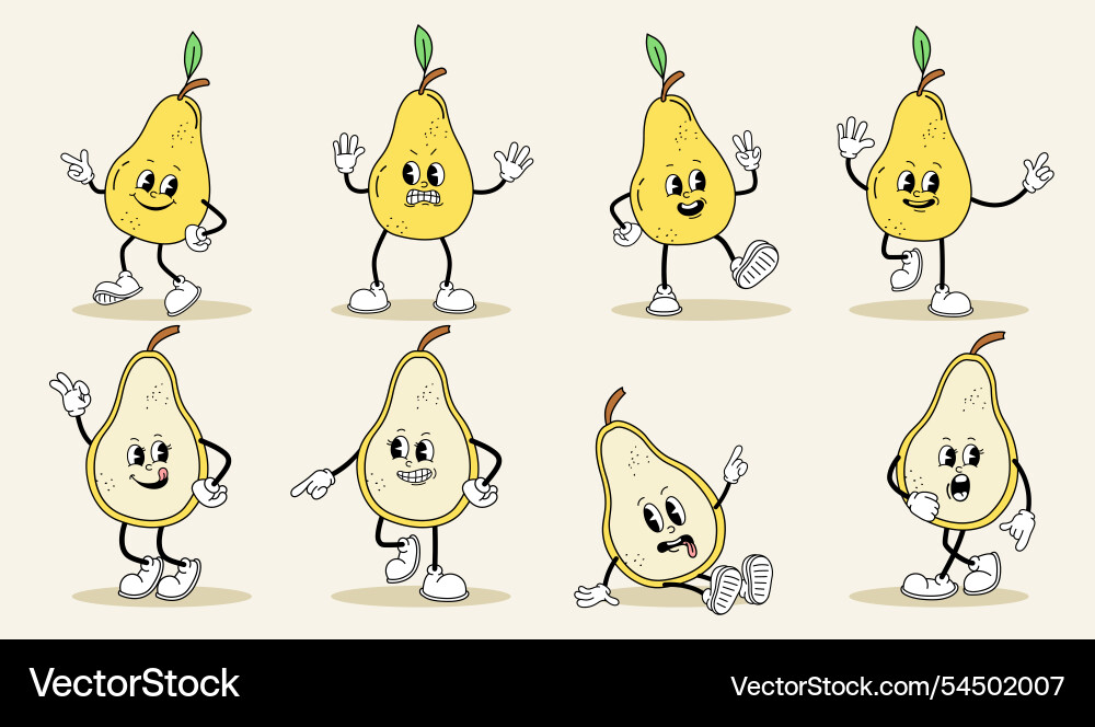 Pear retro characters set mascot and fictional Vector Image