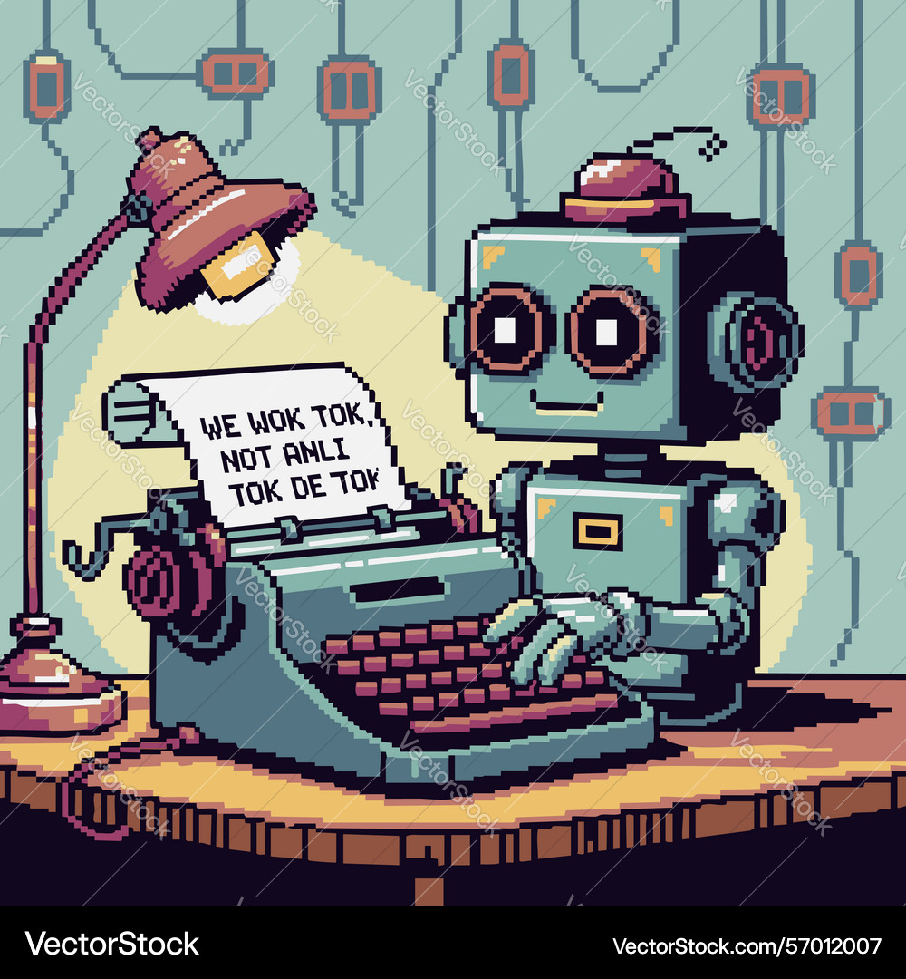 Pixel art robot writer under desk lamp Vector Image