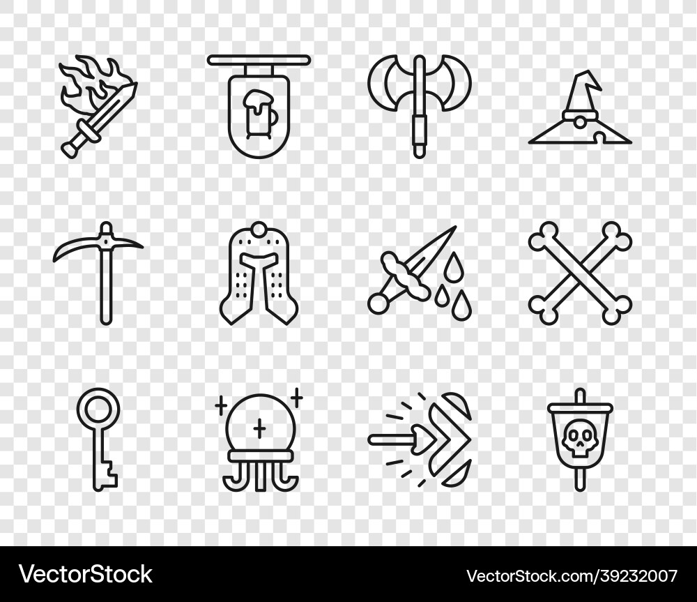 Set line old key pirate flag medieval poleaxe Set line old key pirate flag medieval poleaxe vector image
