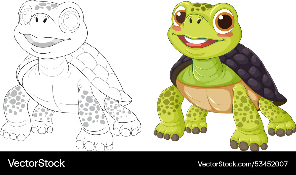 Smiling turtle with color and outline versions Smiling turtle with color and outline versions Vector Image