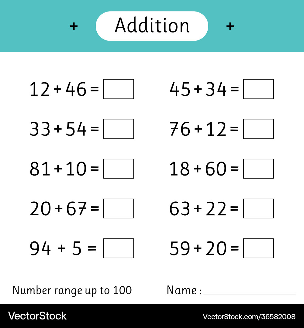 Addition number range up to 100 math worksheet vector image