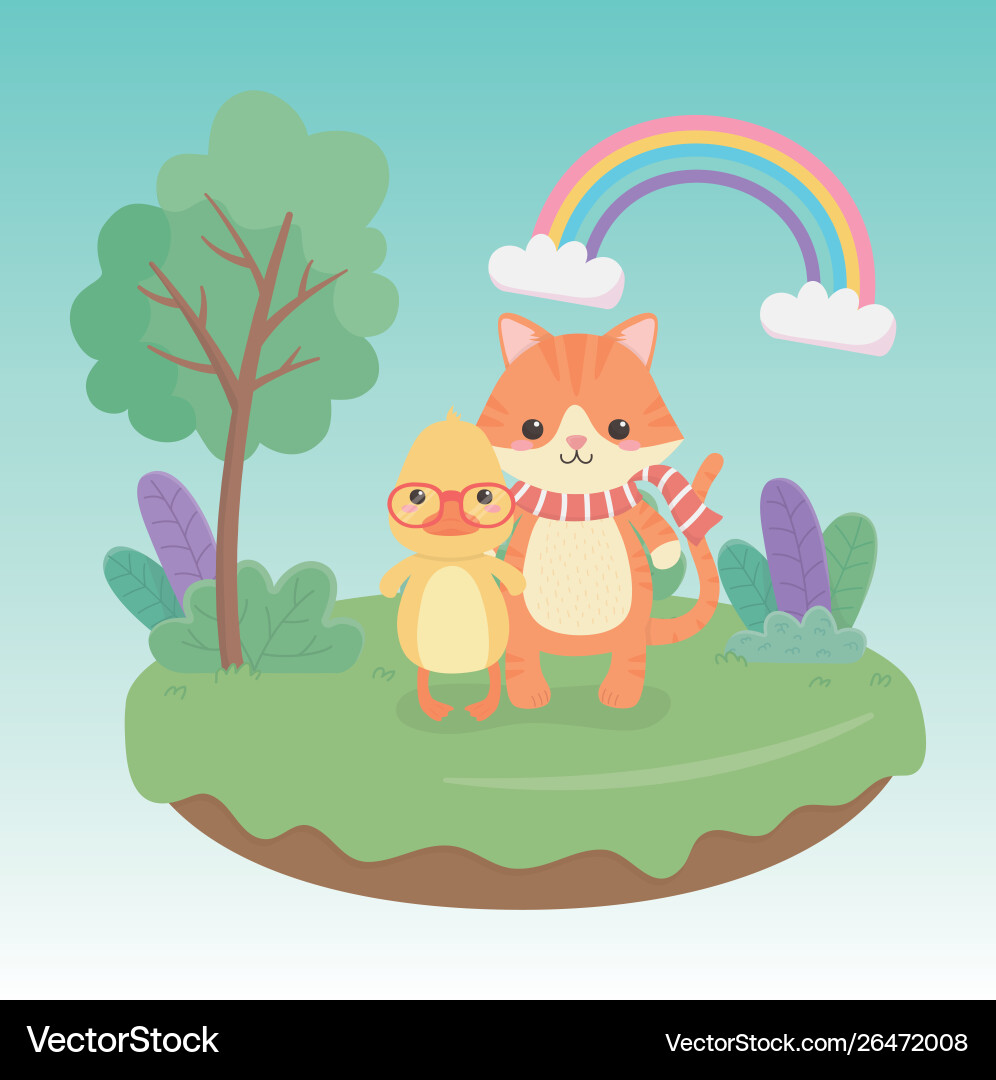 Cute and little cat duck in field Vector Image