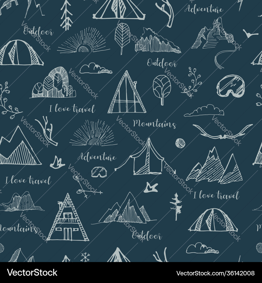 Hand-drawn pattern with mountainstentstrees Hand-drawn pattern with mountainstentstrees vector image