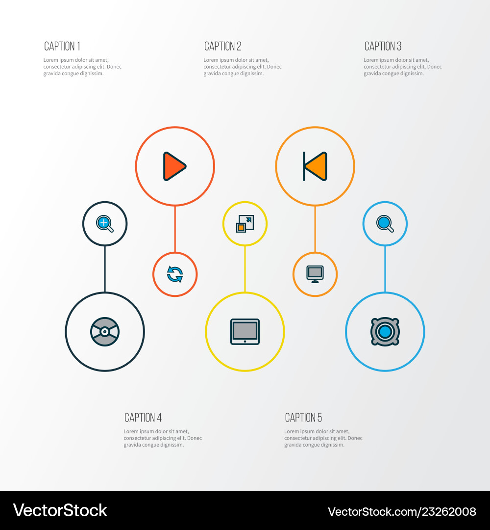 Multimedia icons colored line set with sync Multimedia icons colored line set with sync vector image