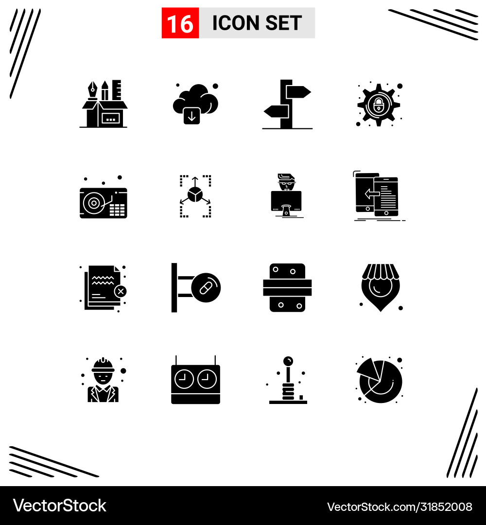 Set 16 solid glyphs on grid for audio security Vector Image