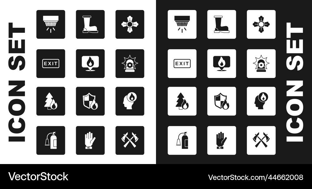 Set firefighter location with fire flame exit Set firefighter location with fire flame exit Vector Image