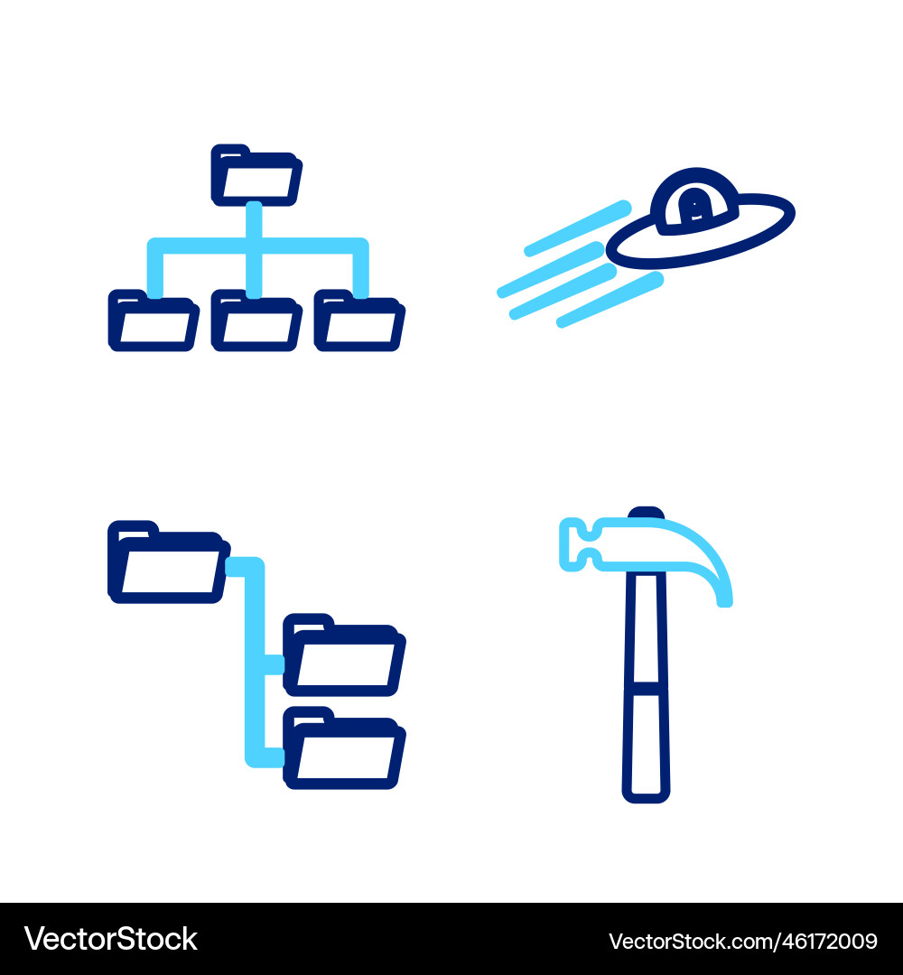 Set line hammer folder tree ufo flying spaceship Set line hammer folder tree ufo flying spaceship vector image