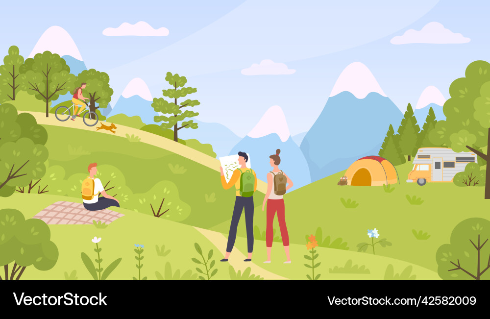 Tourism on nature trekking and hiking in mountain Tourism on nature trekking and hiking in mountain vector image