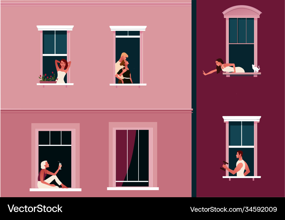 Window frames with neighbors doing daily things Window frames with neighbors doing daily things Vector Image
