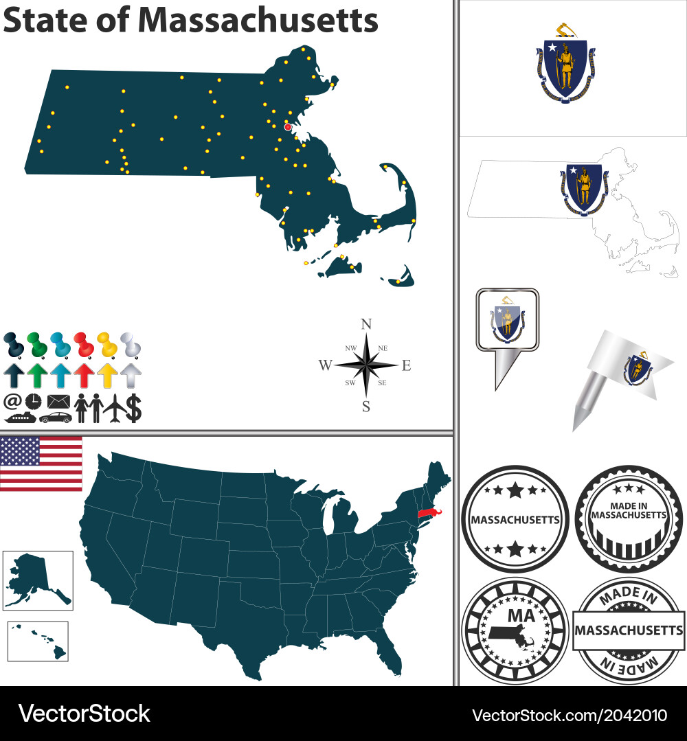 Massachusetts State Map with Flag vector image