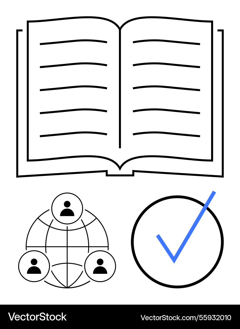 Open book with connected users and checkmark Open book with connected users and checkmark vector image
