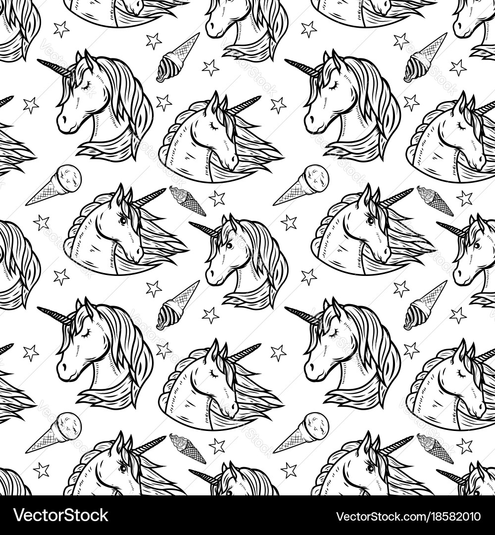 Seamless pattern with unicorn heads and ice cream vector image