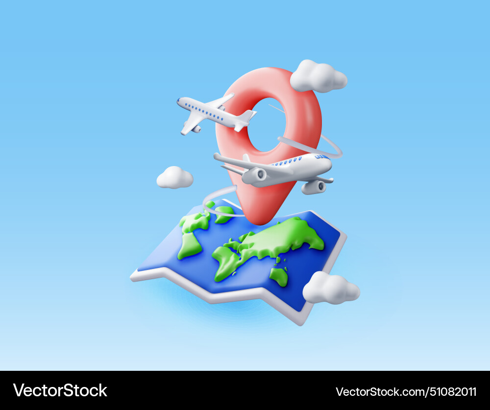 3d airplane in clouds and paper map 3d airplane in clouds and paper map vector image