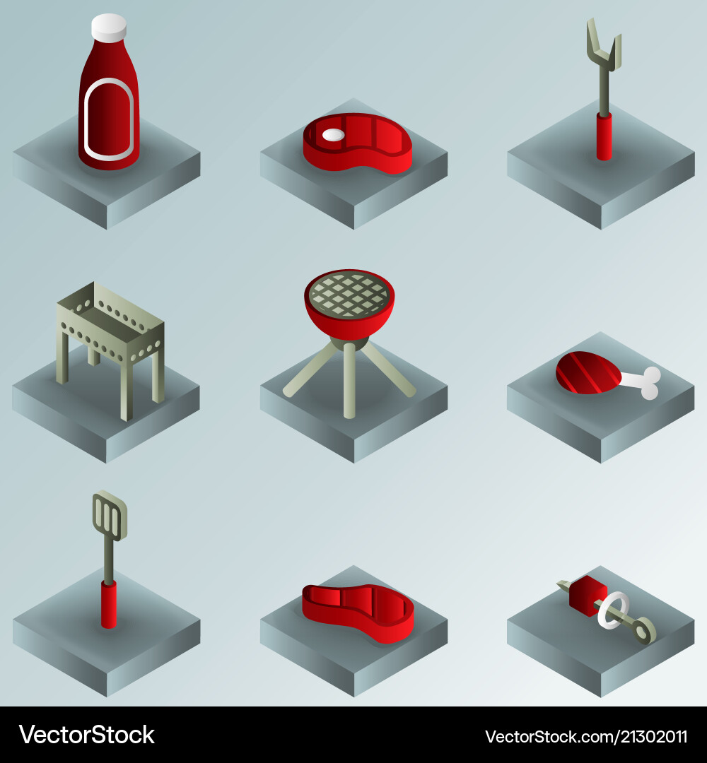 Bbq color gradient isometric icons Bbq color gradient isometric icons vector image