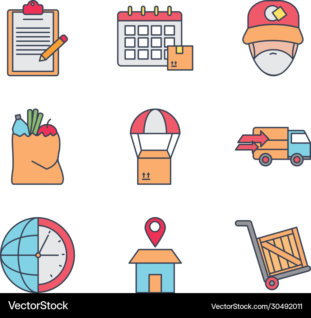 Calendar and fast delivery icon set line fill Calendar and fast delivery icon set line fill Vector Image