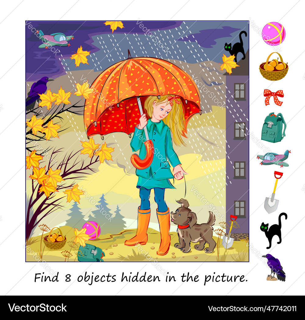 Can you find 8 objects hidden in the picture vector image