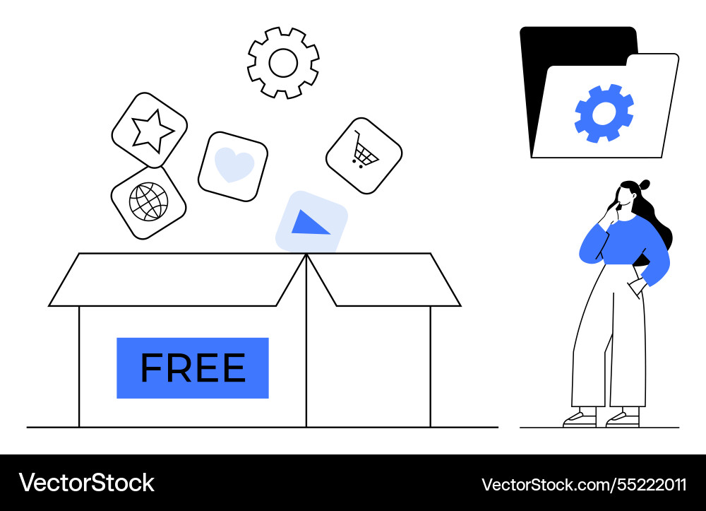 Creative unpacking concept with floating app icons Creative unpacking concept with floating app icons Vector Image
