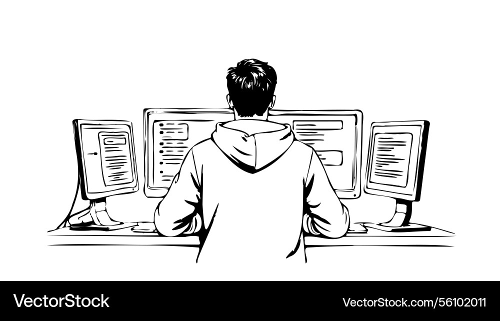 Developer works computers back view programmer vector image
