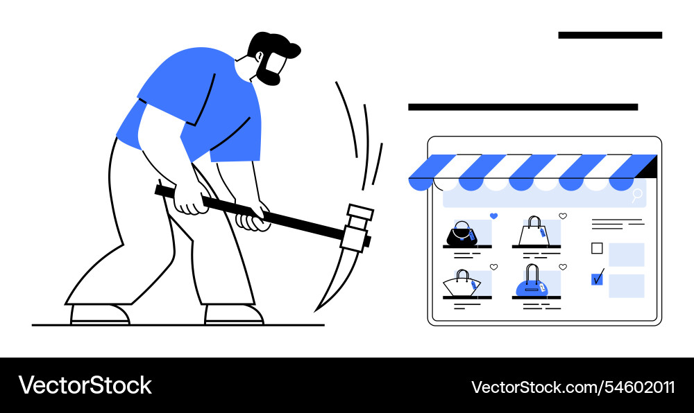 Man hitting tablet with e-commerce website using Man hitting tablet with e-commerce website using vector image