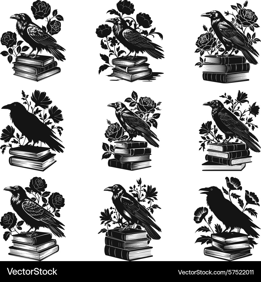 Raven on a stack of books bundle crow svg Vector Image