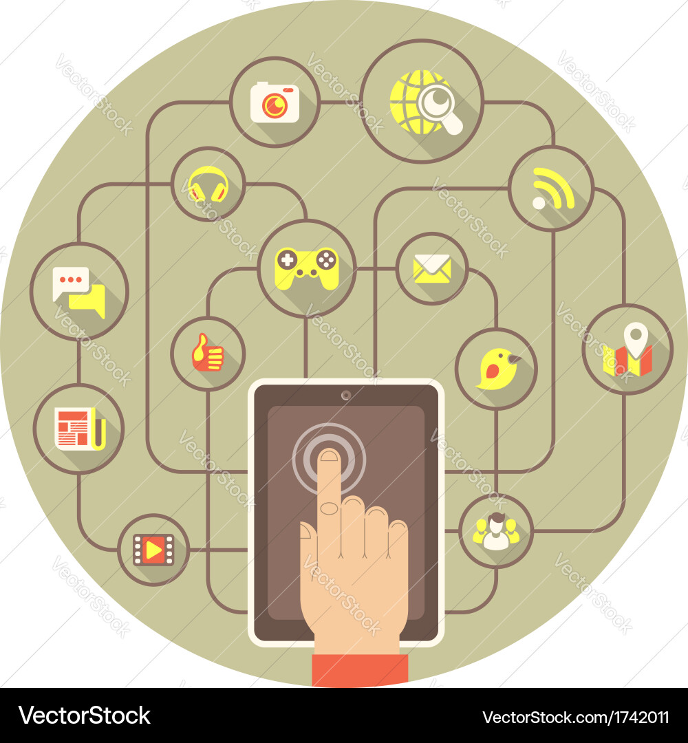 Social networking by tablet in gray circle vector image