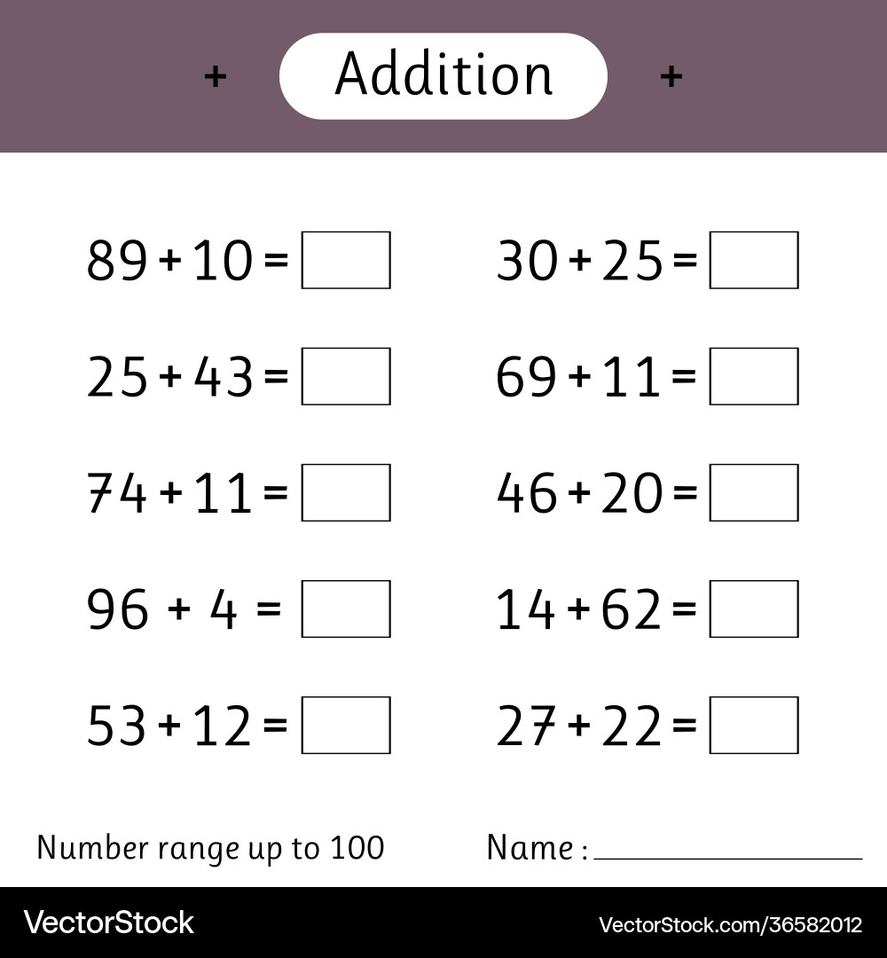 Addition number range up to 100 math worksheet vector image