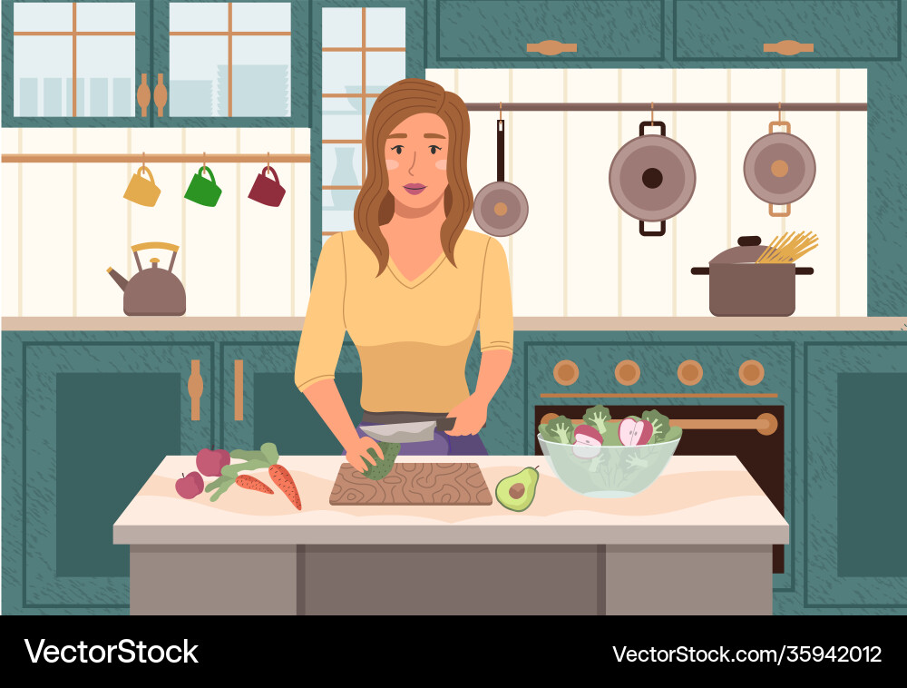 Eine junge Frau kochen in der Küche das Mädchen Eine junge Frau kochen in der Küche das Mädchen vektorbild