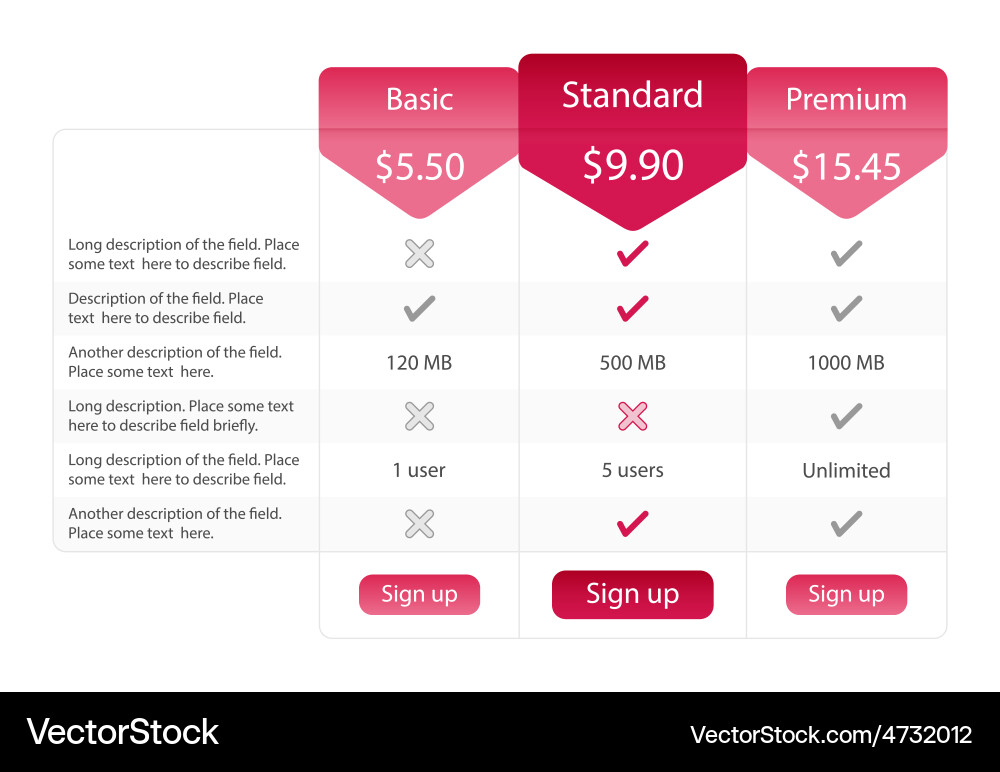 Light pricing table with 3 options and one vector image