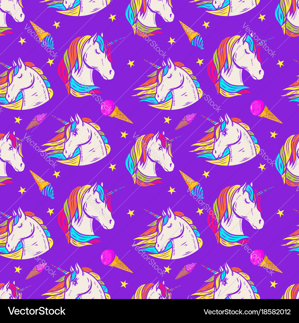 Seamless pattern with unicorn heads and ice cream vector image