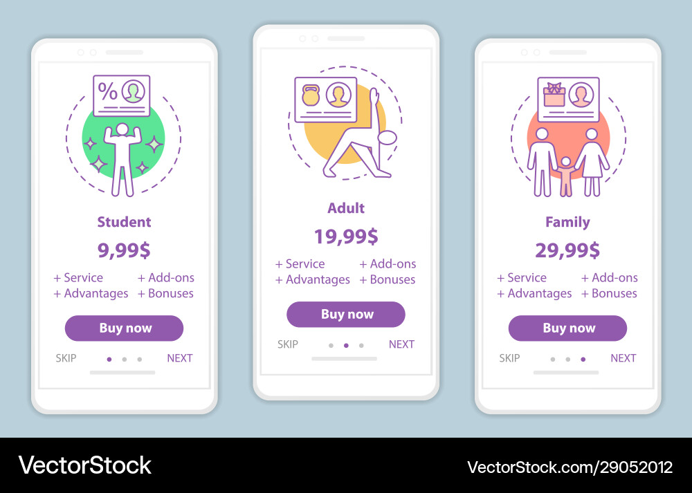 Subscription prices onboarding mobile app screens Vector Image