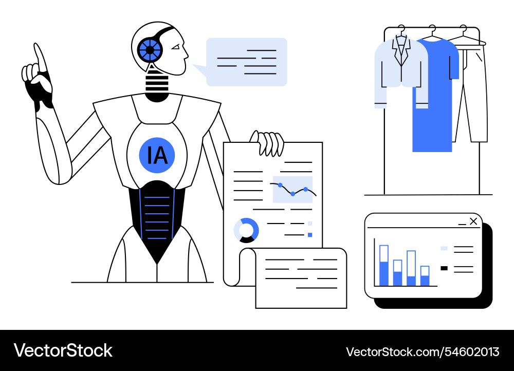 Ai robot presenting data charts and analyzing vector image