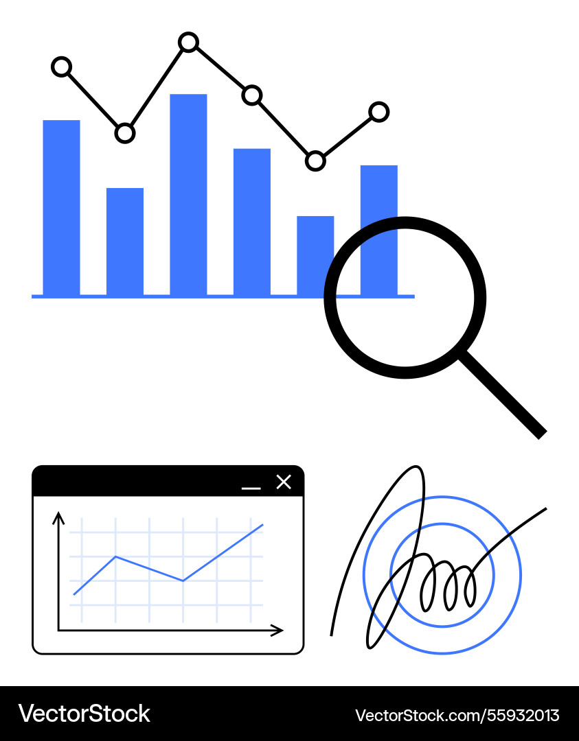 Data analysis with graphs magnifying glass Data analysis with graphs magnifying glass Vector Image