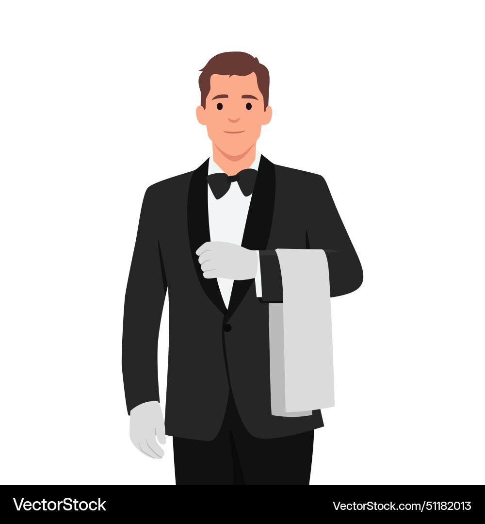 Handsome yong waiter in tuxedo and gloves holding vector image