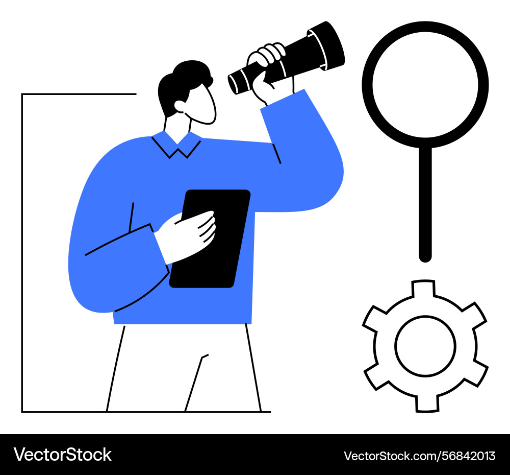 Man searching with telescope and tablet next Man searching with telescope and tablet next vector image