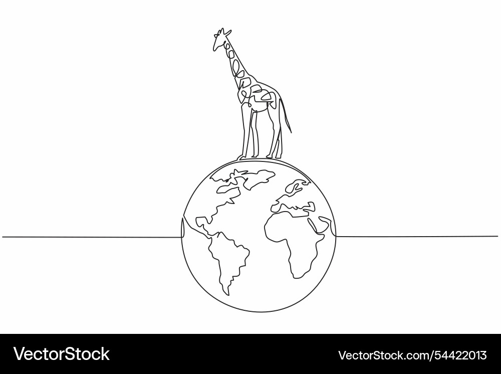 Single continuous line drawing globe with giraffe Vector Image