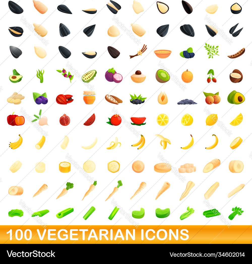 100 vegetarian icons set cartoon style 100 vegetarian icons set cartoon style vector image
