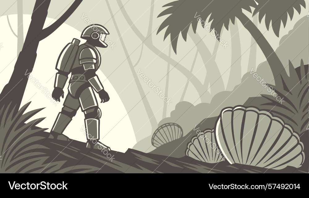 Astronaut in forest with shells surreal nature Vector Image