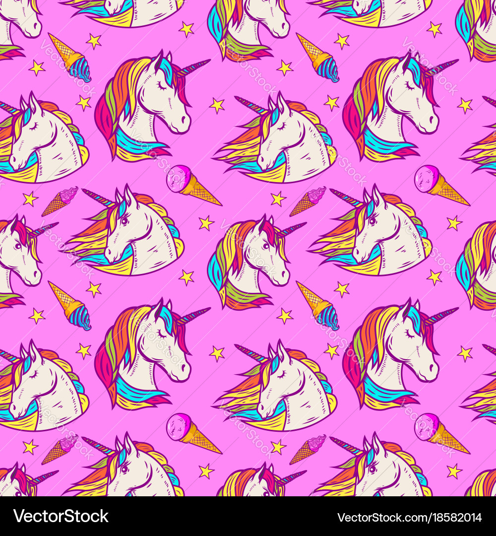 Seamless pattern with unicorn heads and ice cream vector image