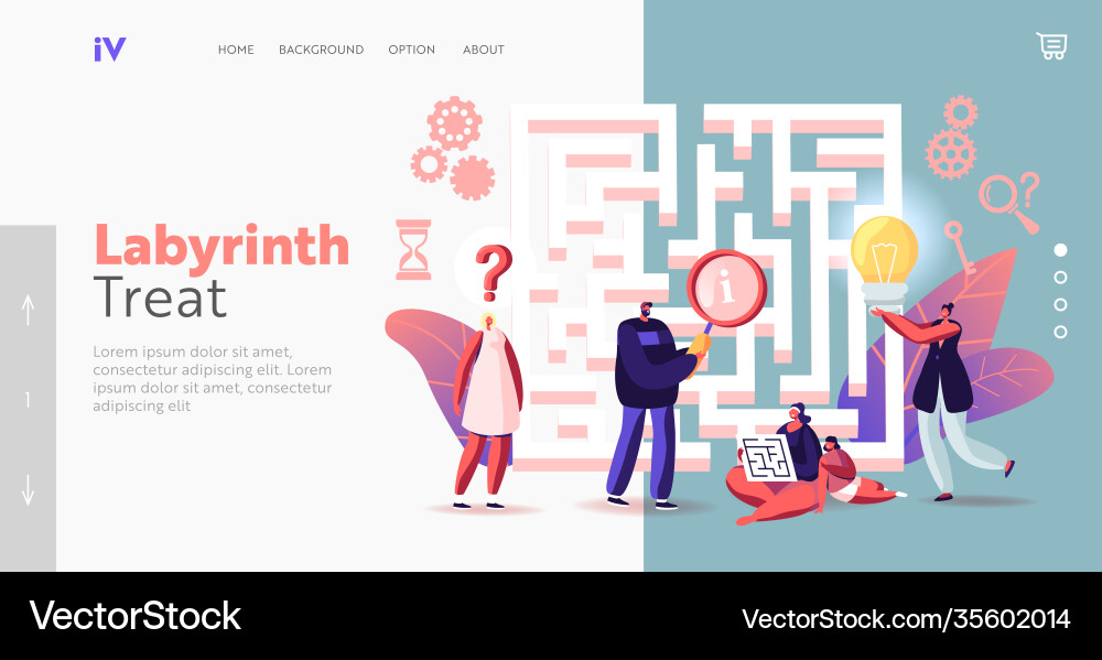 Tiny characters find solution in labyrinth landing Tiny characters find solution in labyrinth landing vector image